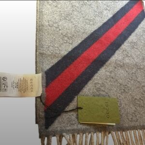 Gucci Gray Scarf with Red and Dark Blue Stripes